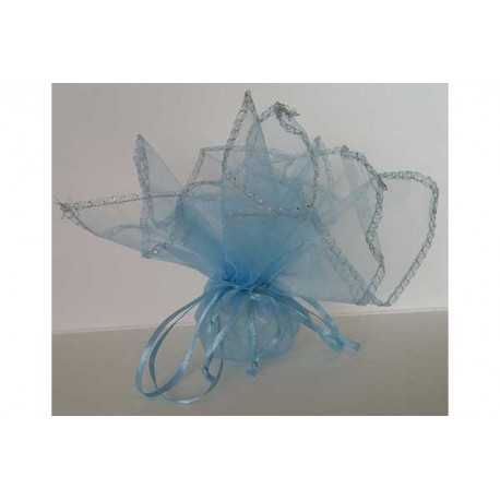 50 Veli in organza con laccetto con orlo in argento Tondo colore Celeste diam 24 cm