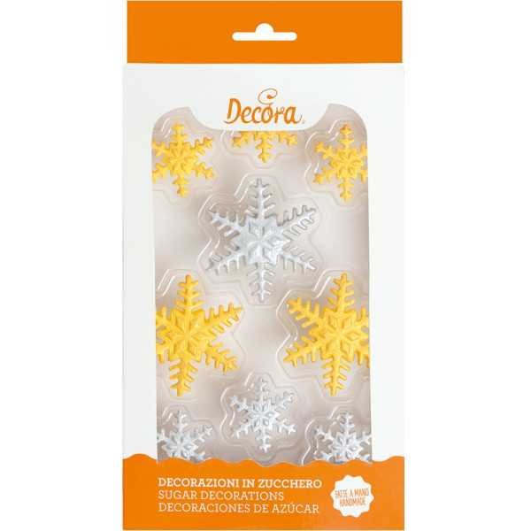 Set 9 Decorazioni in Zucchero Fiocchi di neve color oro e argento da Decora