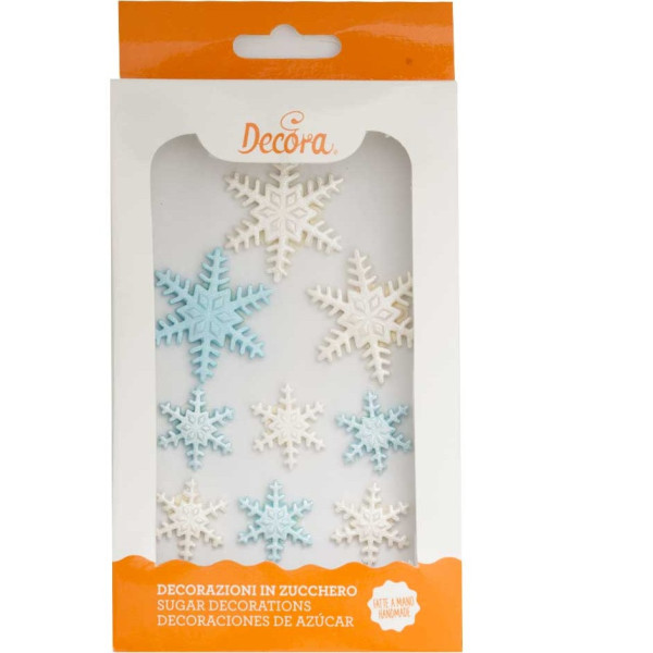 Set 9 Decorazioni in Zucchero Cristalli di neve color bianchi e azzurri da Decora