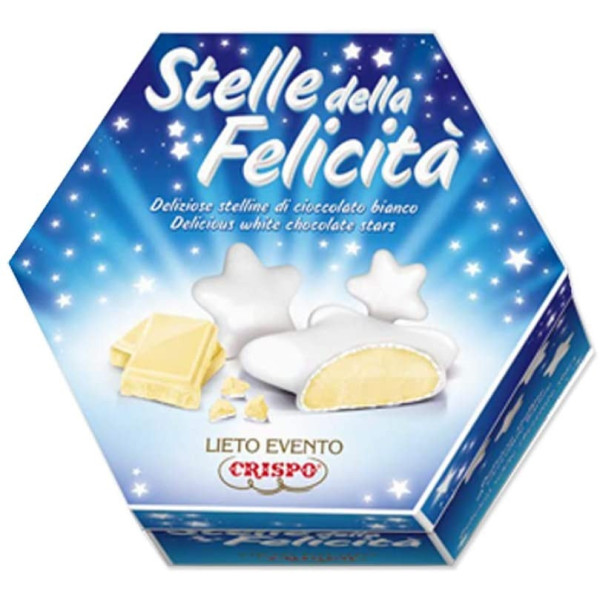 Confetti Lieto Evento Stelle della Felicità Bianche Crispo da 500 g: astuccio confetti incartati singolarmente