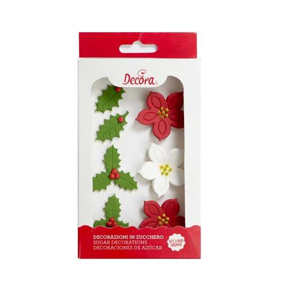 Stella di Natale e agrifoglio in zucchero: set di 7 decorazioni in zucchero a tema Natalizio da Decora