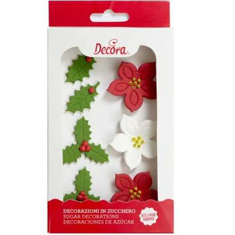Stella di Natale e agrifoglio in zucchero: set di 7 decorazioni in zucchero a tema Natalizio da Decora Stella di Natale e agrifoglio in zucchero: set di 7 decorazioni in zucchero a tema Natalizio da Decora