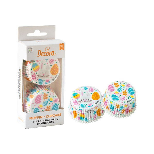 36 Pirottini muffin in carta decoro uova e coniglio di pasqua diametro 5 cm altezza 3,2 cm da Decora
