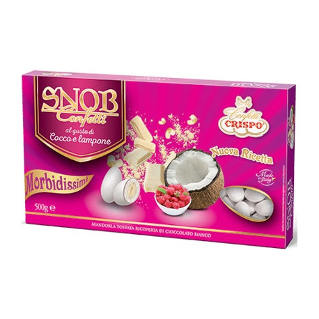 Confetti Snob cioco-mandorla bianchi al gusto di cocco e lamponi in scatola da 500 g di Crispo Confetti Snob cioco-mandorla bianchi al gusto di cocco e lamponi in scatola da 500 g di Crispo