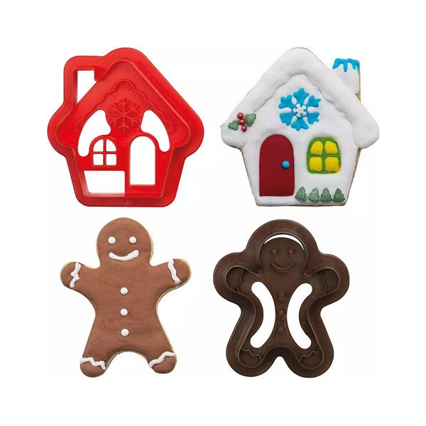 Set 2 tagliapasta 1 omino gingerbread e 1 casetta innevata in plastica da Decora