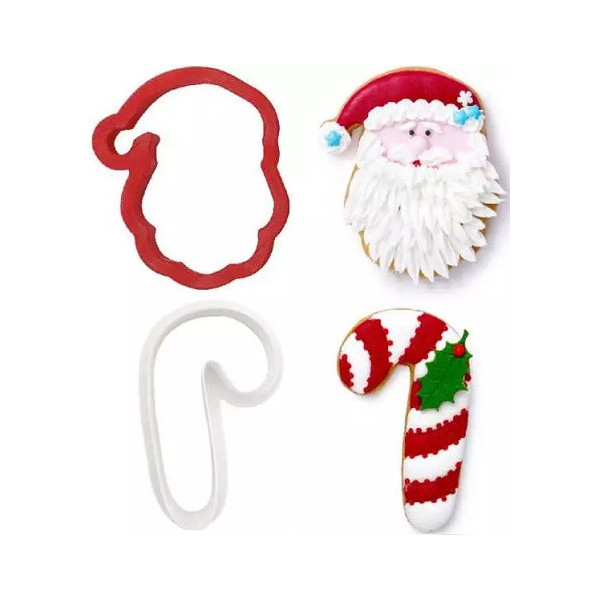 Set 2 tagliapasta 1 faccia di babbo natale e 1 bastoncino candy cane in plastica da Decora