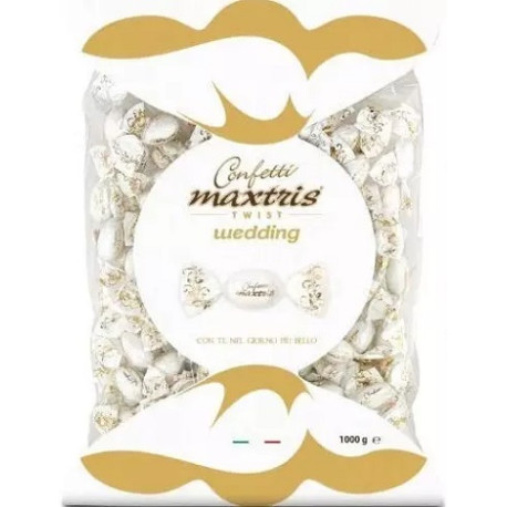 Twist Maxtris bianco wedding da 1 Kg confetti bianchi cioco-mandorla classico incartato in busta da 1 Kg Twist Maxtris bianco wedding da 1 Kg confetti bianchi cioco-mandorla classico incartato in busta da 1 Kg
