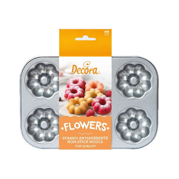Flowers, plateau o teglia 6 ciambelle fiori diametro 7,5 cm in acciaio antiaderente da Decora