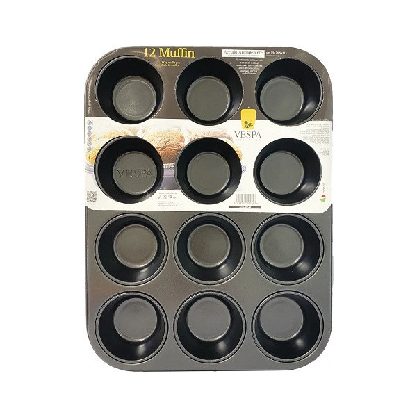 Stampo 12 muffin o cupcake tondi di ø7 cm di Vespa in acciaio antiaderente teglia 35 x 26,5 x h 3 cm