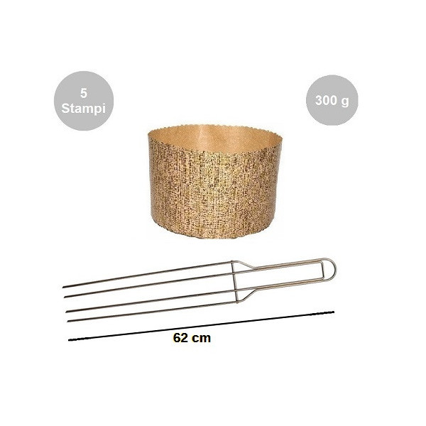 Kit Panettone Alto 300g: 5 Stampi in Carta Professionale + Spillone Raffreddamento DECORA Inox 4 punte 62 cm