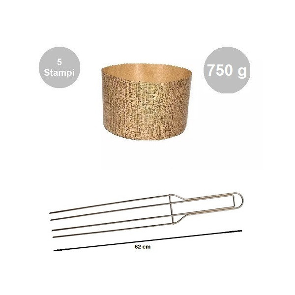 Kit Panettone Alto 750g: 5 Stampi in Carta Professionale + Spillone Raffreddamento DECORA Inox 4 punte 62 cm