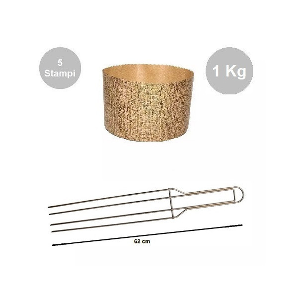 Kit spillone 4 punte in acciaio da 62 cm con 5 stampi panettone alto in cellulosa da 1 Kg