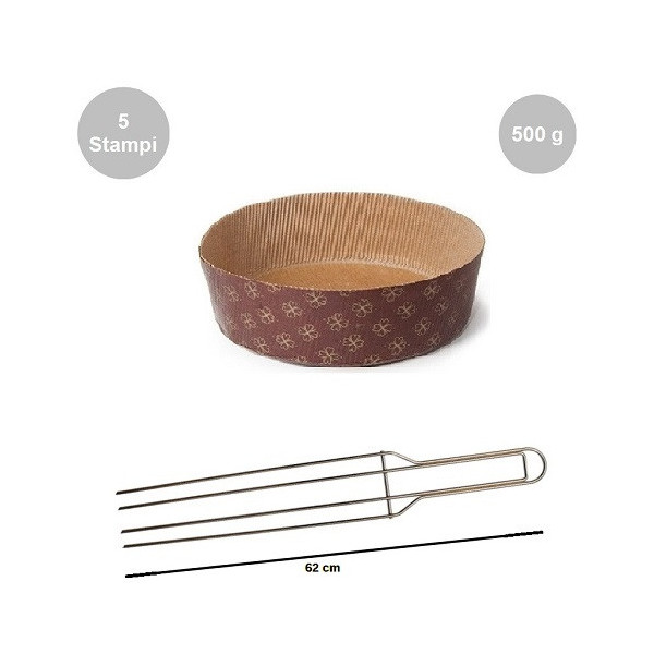 Kit Panettone Basso 500g: 5 Stampi in Carta Professionale + Spillone Raffreddamento DECORA Inox 4 punte 62 cm