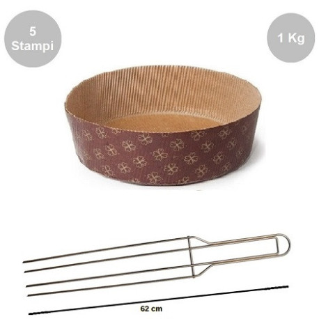 Kit Panettone Basso 1Kg: 5 Stampi in Carta Professionale + Spillone Raffreddamento DECORA Inox 4 punte 62 cm