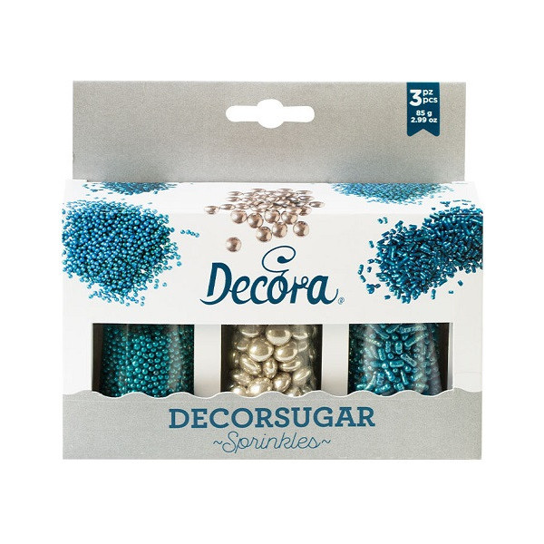 Set Decor Mix argento e azzurro Decora: 3 decorazioni di perle, maxi perle e bastoncini da 85 g per decorazione di dolci