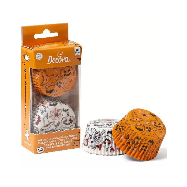 Pirottini zucca e fantasma Decora: 36 pirottini muffin in carta forno con decoro Pumpkin e Ghost ø5xh3,2 cm