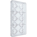 Stampo policarbonato 10 cioccolatini cuori con decoro cupido 4x4xh1,4 cm da 11 g