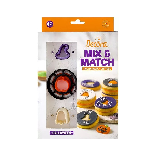 Tagliapasta Halloween mix and match da Decora set 4 cutter in plastica abbina ed unisci per biscotti occhi di bue a tema