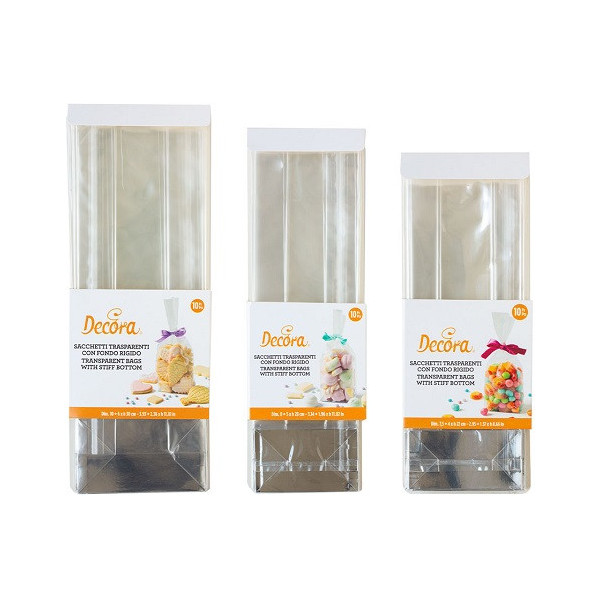 Da 22 a 30 cm 10 sacchetti fondo rigido rettangolare trasparenti Decora per biscotti caramelle e bon bon