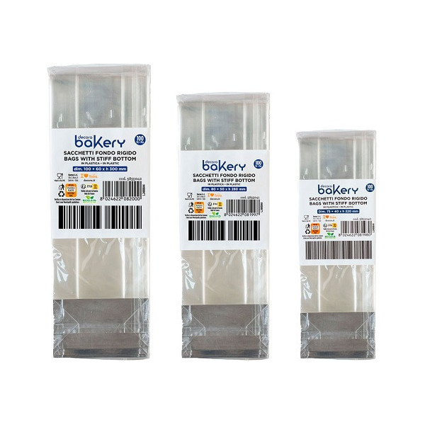Da 22 a 30 cm set di 100 sacchetti fondo rigido rettangolare trasparenti Decora per biscotti caramelle e bon bon