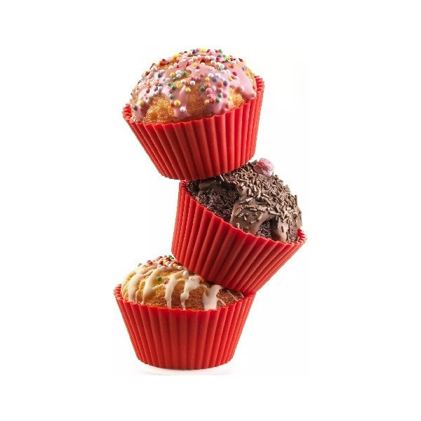 Set 6 pirottini muffin tondi da Silikomart: 6 stampi in silicone rosso di diametro 69 mm, altezza 32 mm