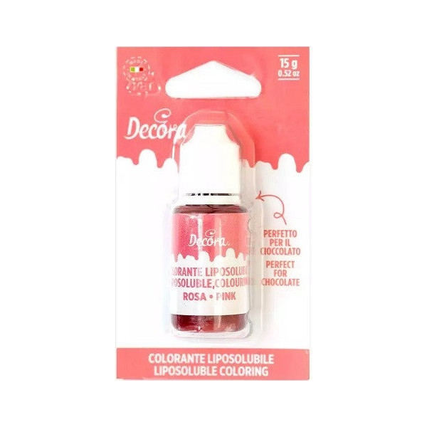 Colorante liposolubile liquido rosa per uso alimentare in bottiglia da 15 g di Decora
