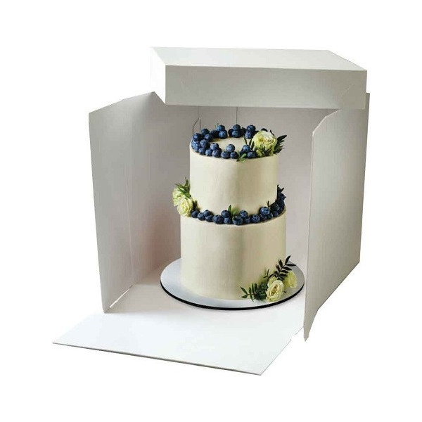 Scatola quadrata per dolci con coperchio di base 26,5x26,5 cm ed h15 o h25 cm, in cartoncino bianco da Decora