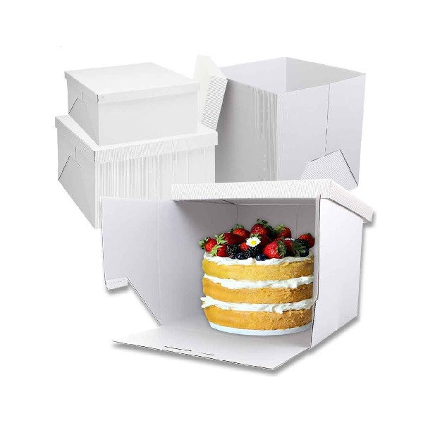 Scatola rigida quadrata per torte alte 36x36xh25 cm con coperchio in cartoncino bianco rigido e rigato da Decora