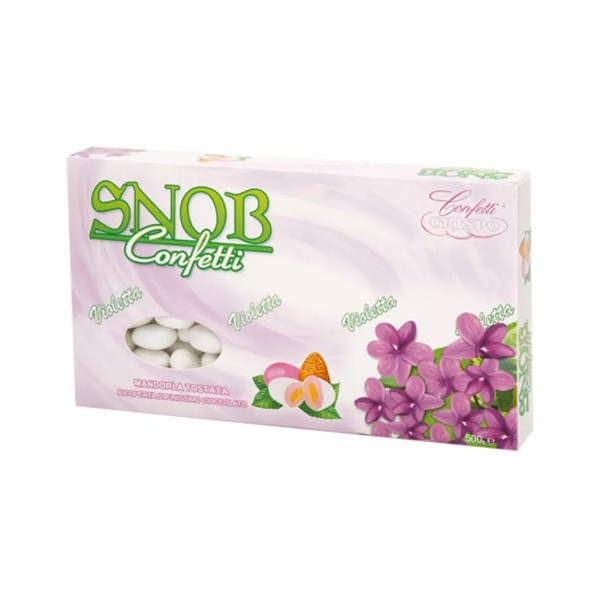 Confetti Snob Violetta Crispo: 500 g di confetti bianchi con mandorla e cioccolato bianco al gusto violetta