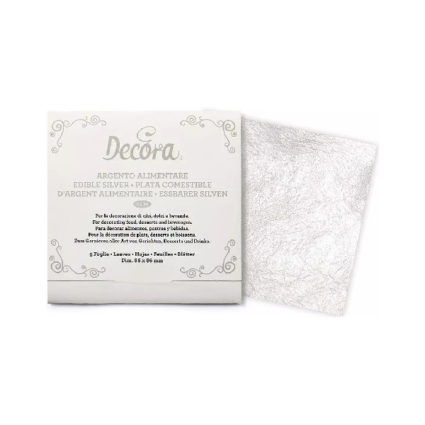 Confezione da 5 dogli di argento alimentare, da 23 carati, di dimensioni da 86 x 86 mm da Decora
