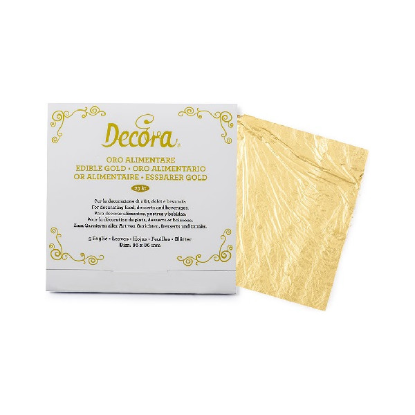 Confezione da 5 dogli di oro alimentare, da 23 carati, di dimensioni da 86 x 86 mm da Decora