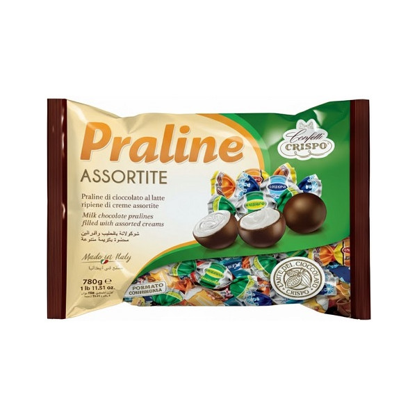 Praline, di cioccolato al latte o fondente, ripiene crema assortite in busta da 780 g di Crispo
