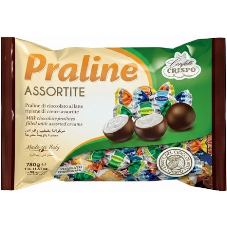 Praline, di cioccolato al latte o fondente, ripiene crema assortite in busta da 780 g di Crispo