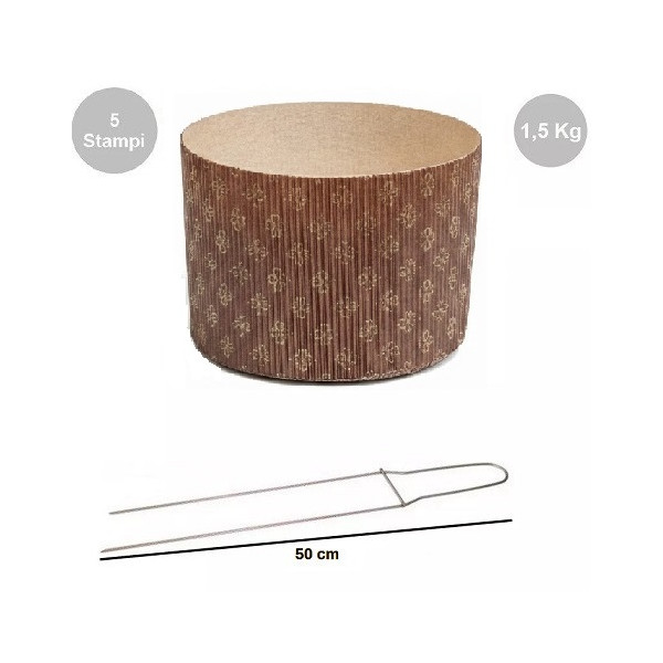 Kit Spillone Acciaio Inox 2 Punte 50 cm Decora + 5 Stampi Panettone Alto Rigido 1,5 Kg