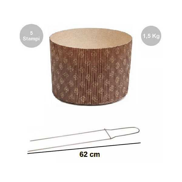 Kit Spillone Acciaio Inox 2 Punte 62 cm Decora + 5 Stampi Panettone Alto Rigido 1,5 Kg