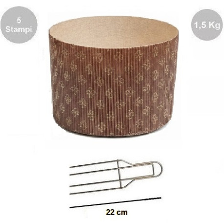 Kit Spillone Acciaio Inox 4 Punte 22 cm Decora + 5 Stampi Panettone Alto Rigido 1,5 Kg
