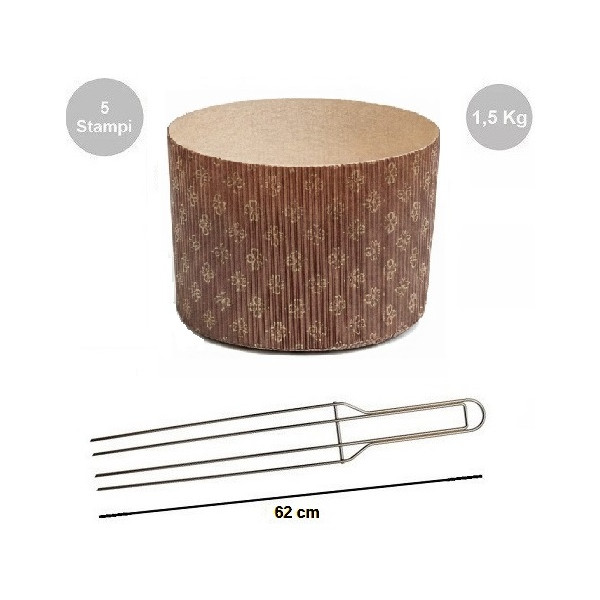 Kit Spillone Acciaio Inox 4 Punte 62 cm Decora + 5 Stampi Panettone Alto Rigido 1,5 Kg