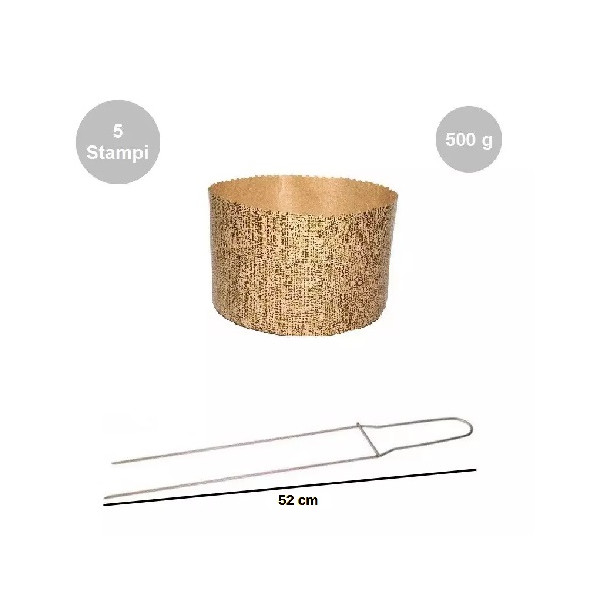 Kit Panettone Alto 500g: 5 Stampi in Carta Professionale + Spillone Raffreddamento DECORA Inox 52 cm