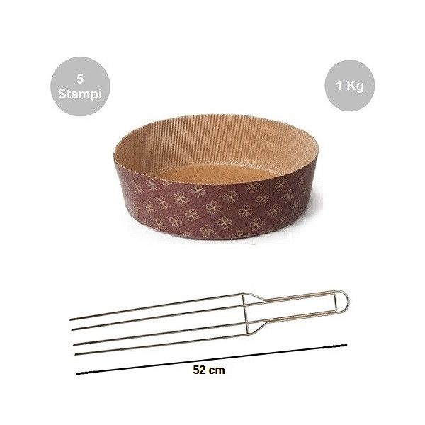 Kit Panettone Basso 1Kg: 5 Stampi in Carta Professionale + Spillone Raffreddamento DECORA Inox 4 punte 52 cm