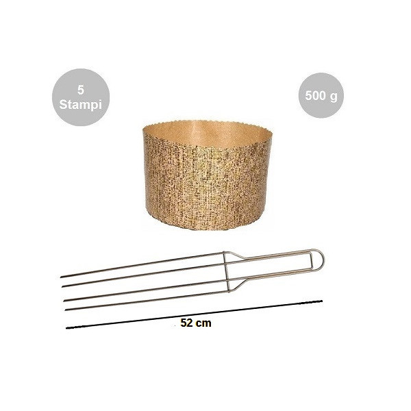 Kit Panettone Alto 500g: 5 Stampi in Carta Professionale + Spillone Raffreddamento DECORA Inox 4 punte 52 cm