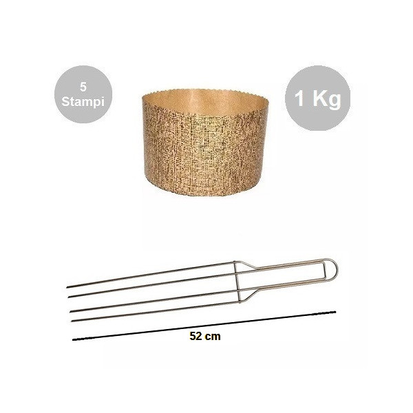 Kit Panettone Alto 1Kg: 5 Stampi in Carta Professionale + Spillone Raffreddamento DECORA Inox 4 punte 52 cm