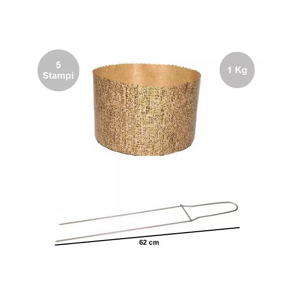 Kit Panettone Alto 1Kg: 5 Stampi in Carta Professionale + Spillone Raffreddamento DECORA Inox 62 cm