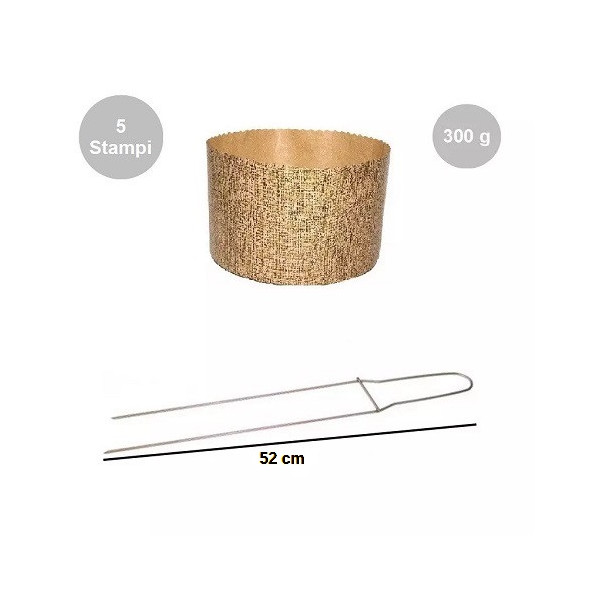 Kit Panettone Alto 300g: 5 Stampi in Carta Professionale + Spillone Raffreddamento DECORA Inox 52 cm