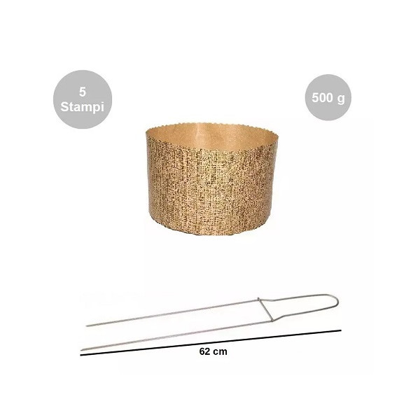 Kit Panettone Alto 500g: 5 Stampi in Carta Professionale + Spillone Raffreddamento DECORA Inox 62 cm