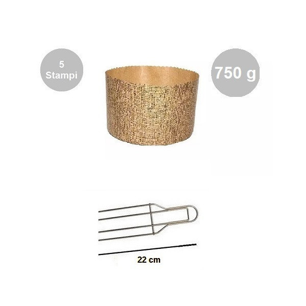 Kit Panettone Alto 750g: 5 Stampi in Carta Professionale + Spillone Raffreddamento DECORA Inox 4 punte 22 cm