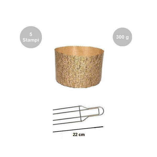 Kit Panettone Alto 300g: 5 Stampi in Carta Professionale + Spillone Raffreddamento DECORA Inox 4 punte 22 cm