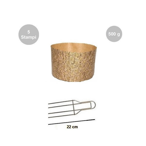 Kit Panettone Alto 500g: 5 Stampi in Carta Professionale + Spillone Raffreddamento DECORA Inox 4 punte 22 cm