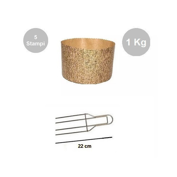 Kit Panettone Alto 1Kg: 5 Stampi in Carta Professionale + Spillone Raffreddamento DECORA Inox 4 punte 22 cm