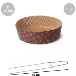 Kit Panettone Basso 1Kg: 5 Stampi in Carta Professionale + Spillone Raffreddamento DECORA Inox 52 cm
