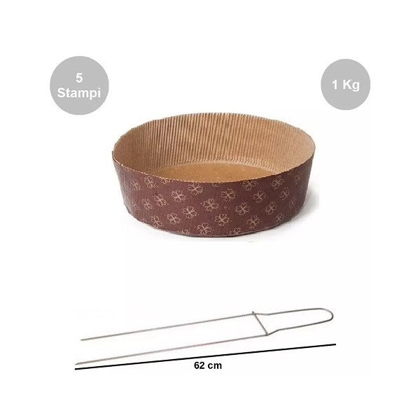 Kit Panettone Basso 1Kg: 5 Stampi in Carta Professionale + Spillone Raffreddamento DECORA Inox 62 cm